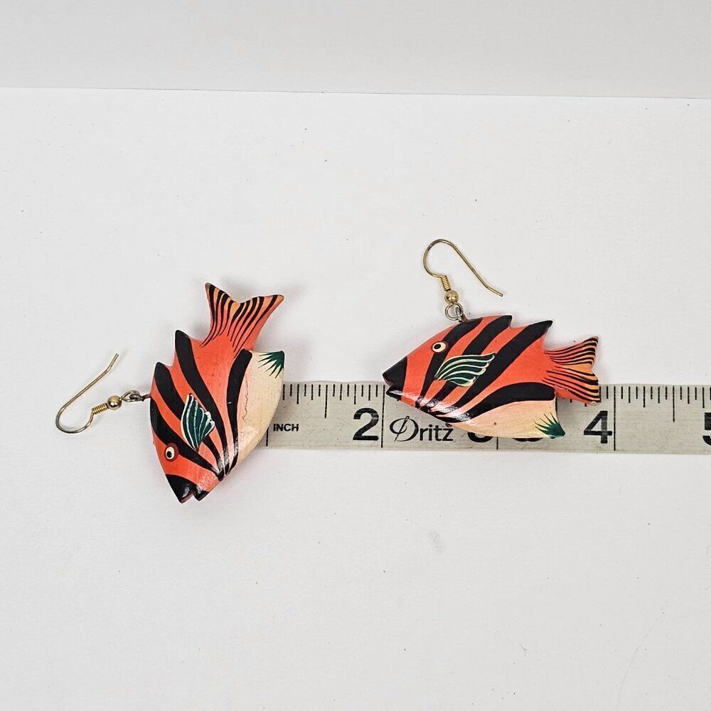 Vintage Fish Hand Painted Orange Wood Dangle Hook Pierced Tropical Boho Earrings - Picture 7 of 9